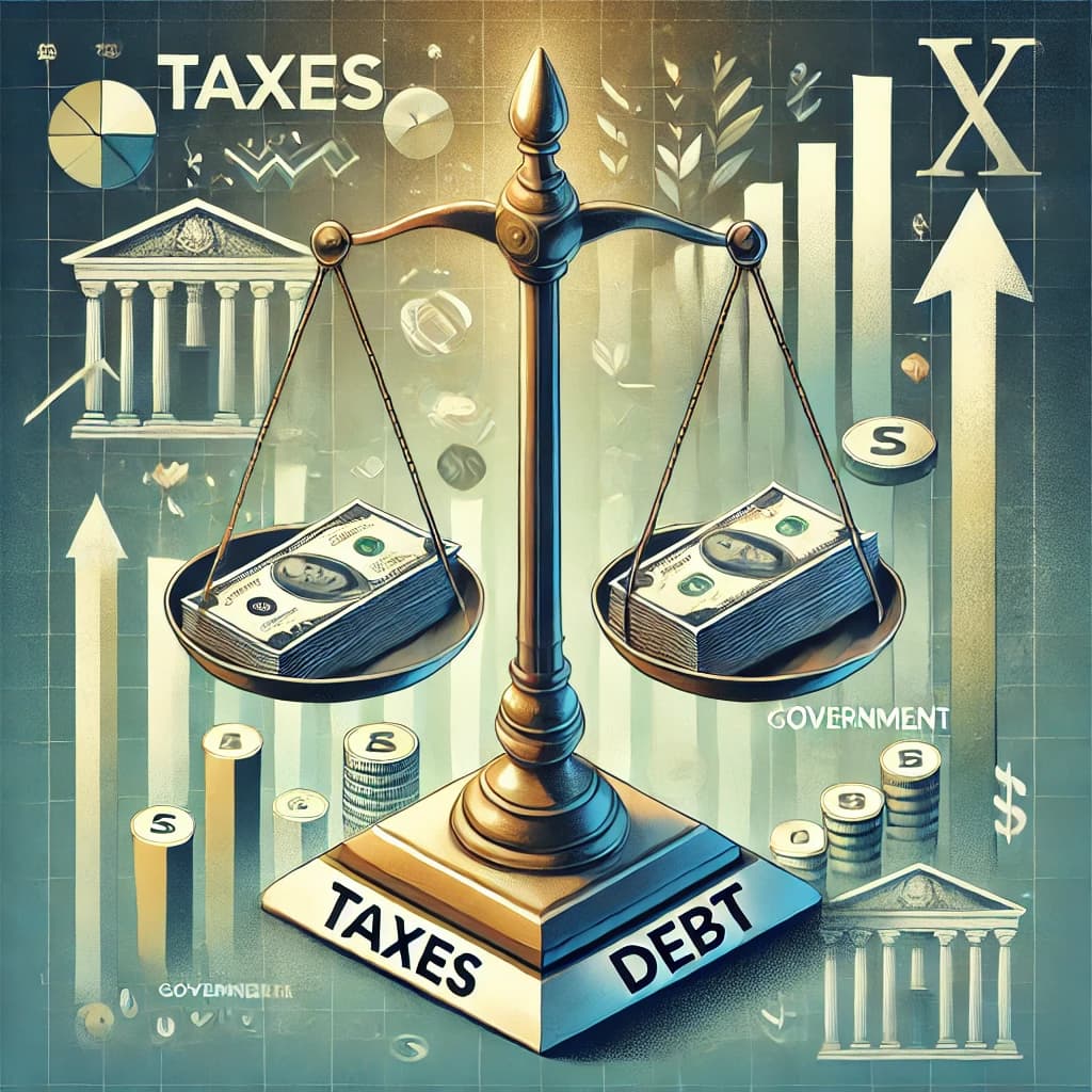 A balance scale representing government debt and taxation