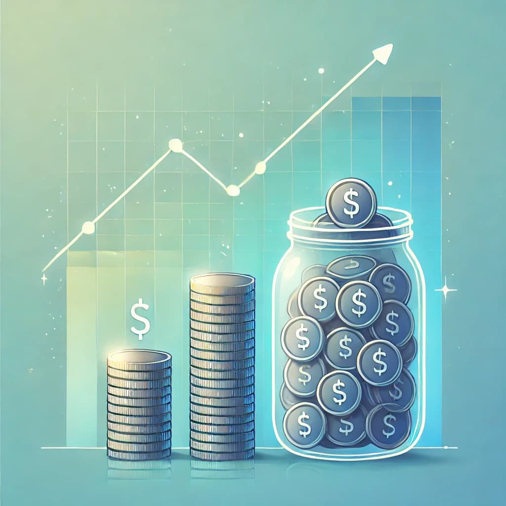 Una ilustración moderna de hábitos de ahorro con una pila de monedas y un tarro de cristal lleno de monedas, con un fondo degradado y una línea de gráfico ascendente representando el crecimiento financiero.